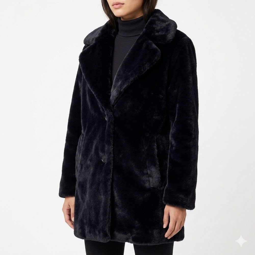 ABERCROMBIE & FITCH Mid-Length Faux Fur Coat Black Women Size XS Winter Plush